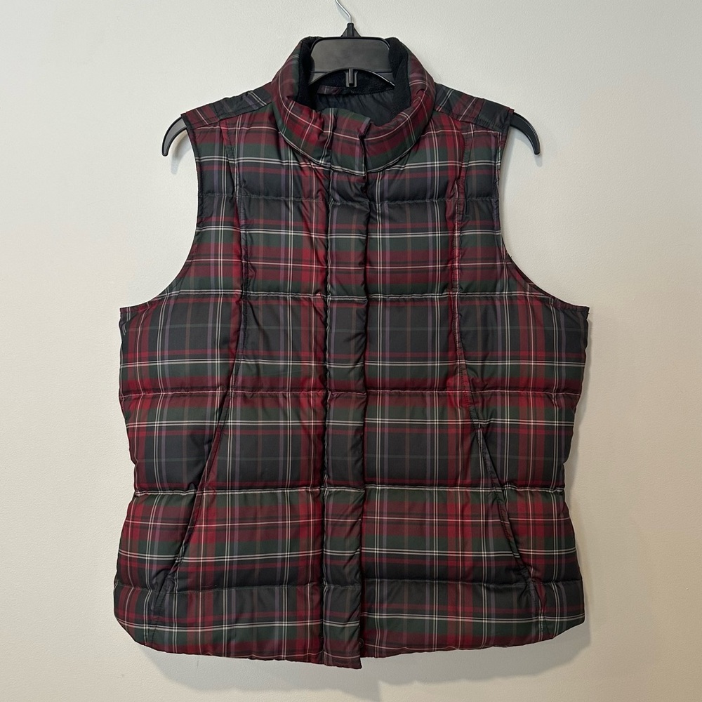 Eddie Bauer Plaid Goose Down Puffer Vest Green Red Tartan Quilted Medium Campus